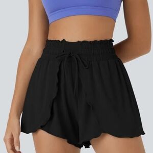 Halara Frill High Waisted Drawstring Flowy Stacked Casual Shorts Black Medium